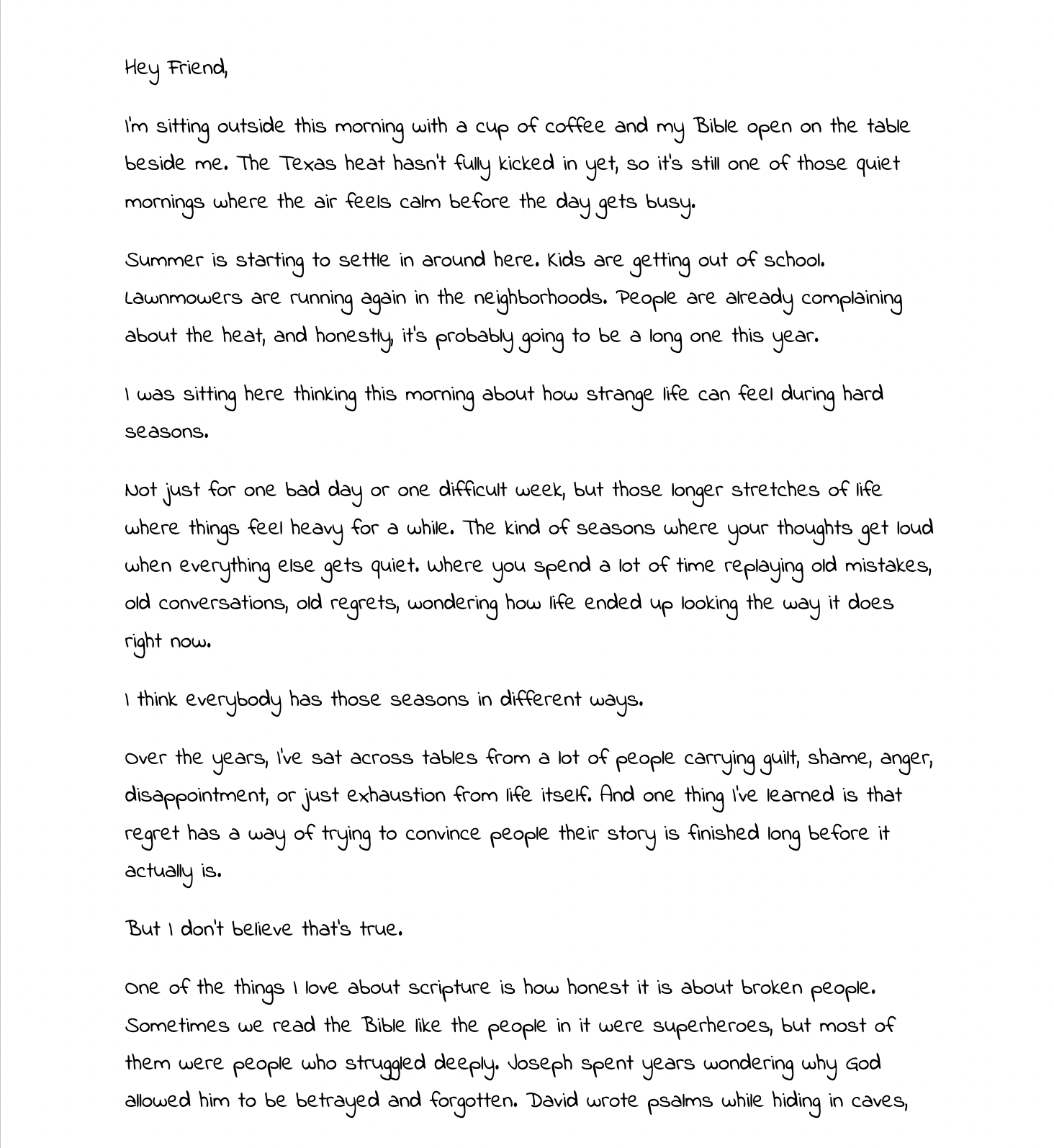 Example handwritten-style encouragement letter from Pastor James Oliver